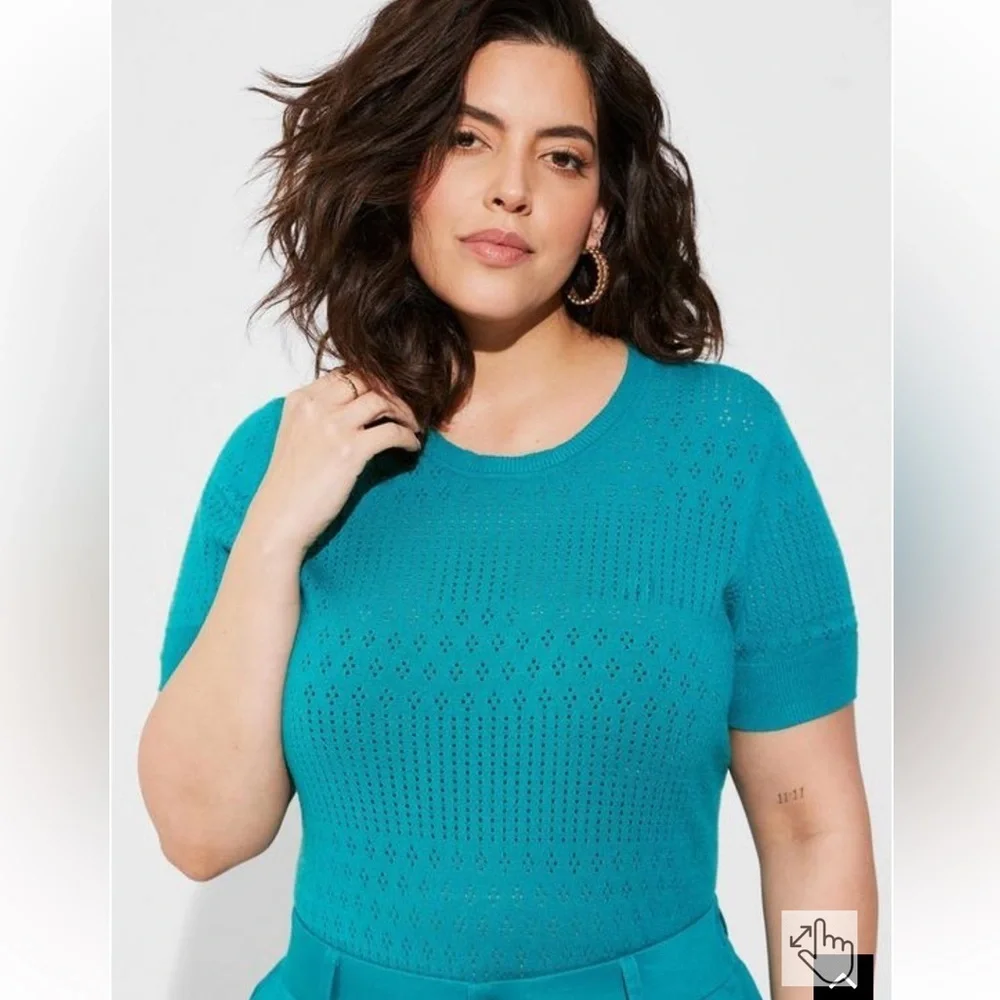 Torrid Pointelle NWT 00 M/L 10 Pullover Short‎ Sleeve Sweater Fanfare Blue Teal - Picture 4 of 10